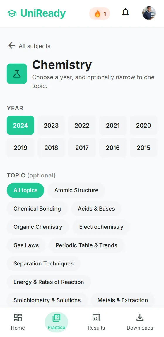 UniReady chemistry screen with a year picker and a list of topics