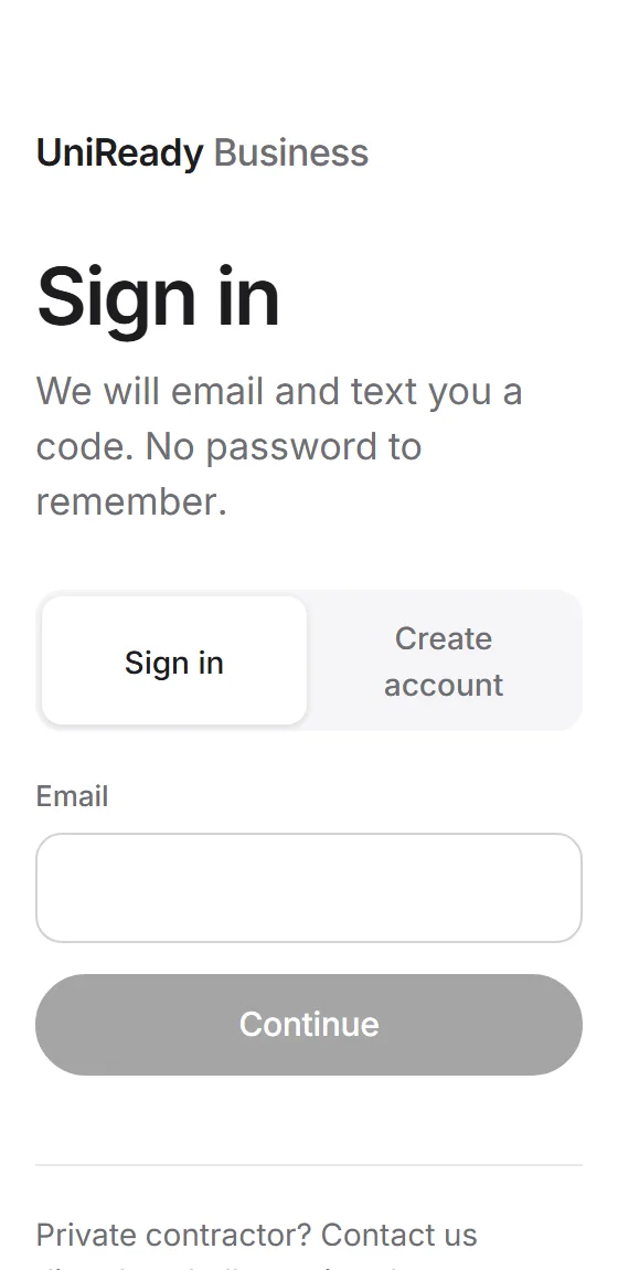 The UniReady Business sign-in screen asking for an email address